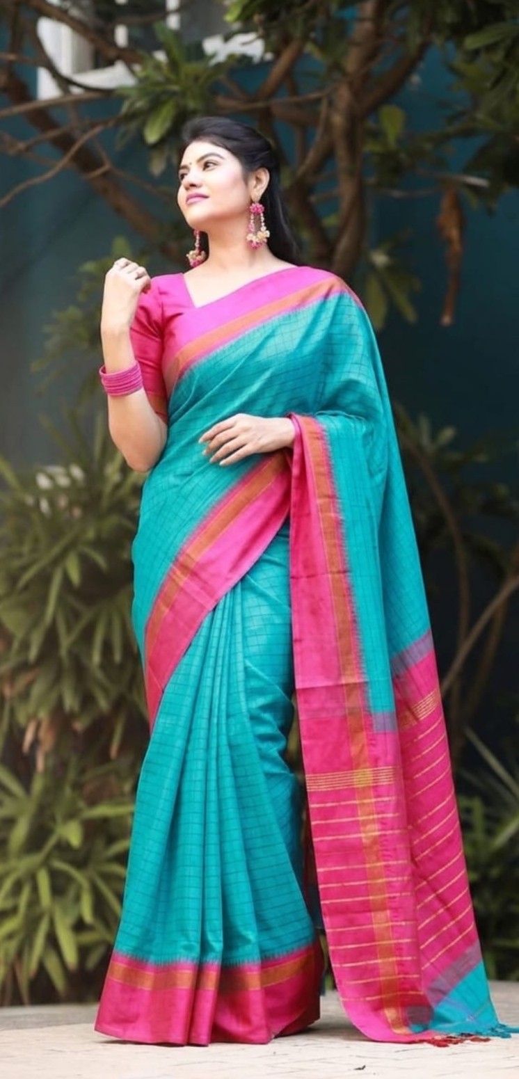 Korvai Border Silk Cotton Saree with Chit Line Pallu